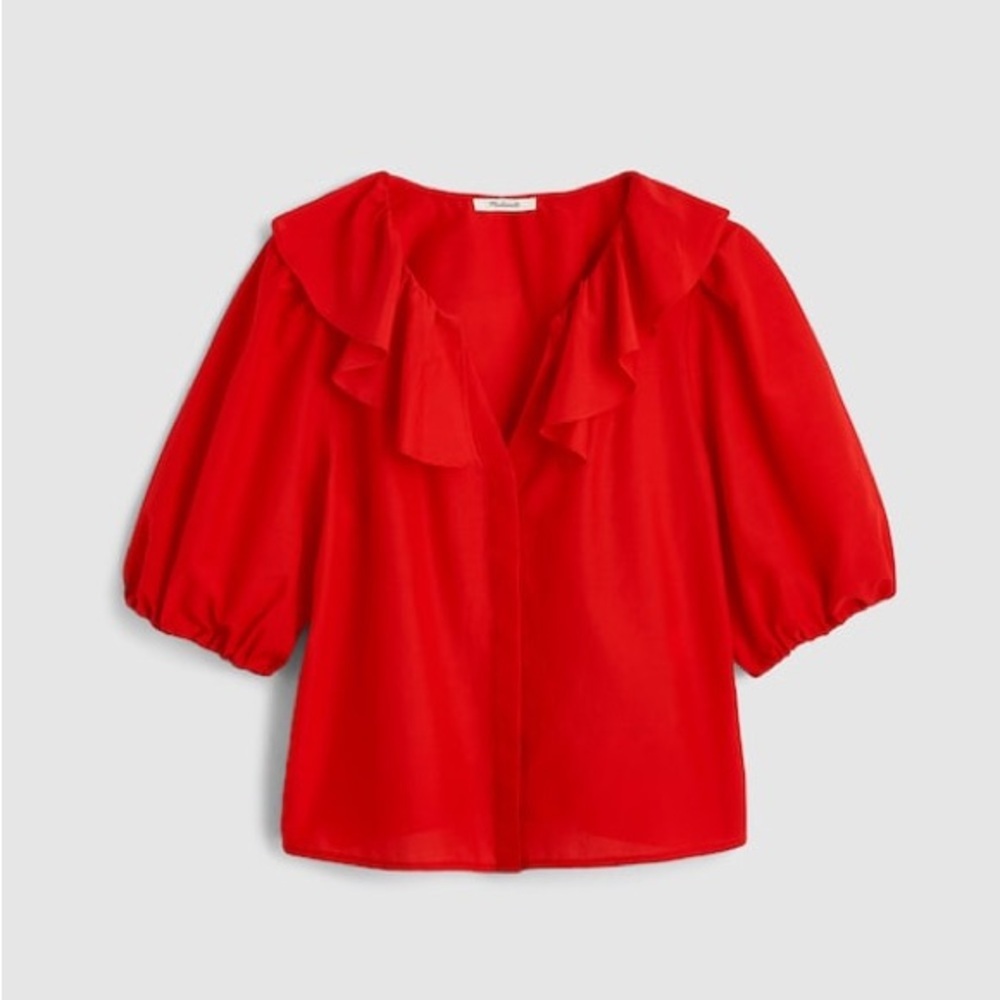 Madewell Ruffled Y-Neck Cotton-Silk Top Festival Red XS Puff Sleeve NWT - Picture 2 of 11